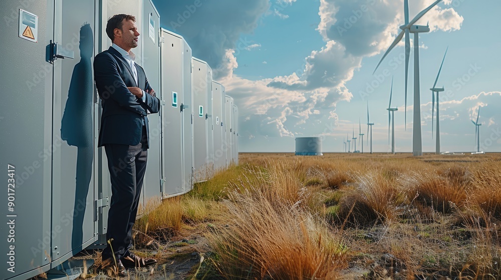 Poster a man in suit standing next to energy storage system with office building. wind turbines visible in 