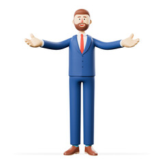 3d illustration of smiling businessman posing stand reach out stretch hands looking camera with a white background.