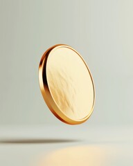 Fototapeta premium A simple 3D rendering of a gold coin spinning in mid-air, capturing the motion with a clean, light-colored background