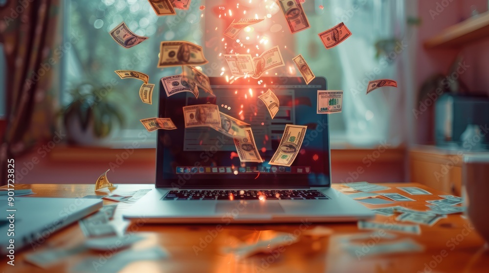 Poster laptop on a desk, from which exploding money, peach colors, bright colors, blur room elements in the