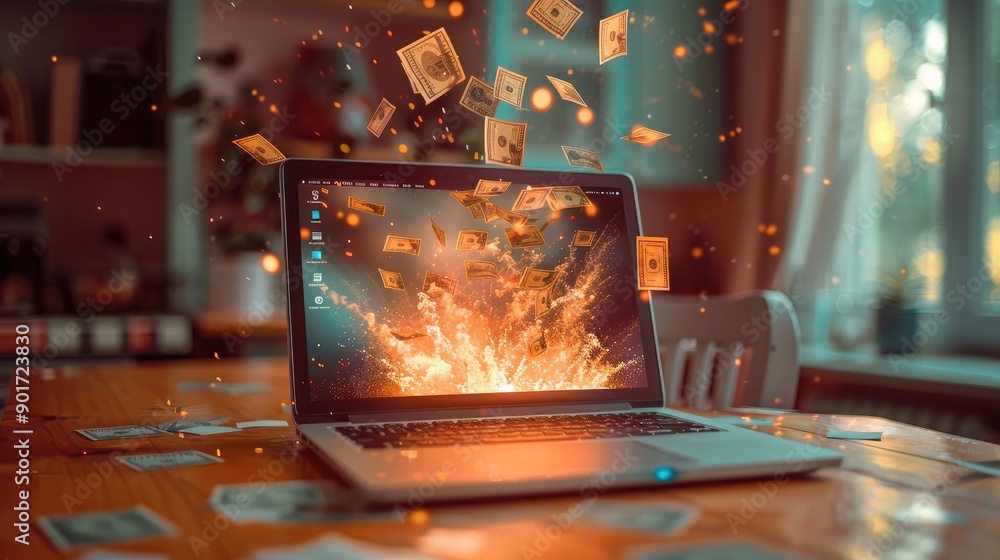 Poster laptop on a desk, from which exploding money, peach colors, bright colors, blur room elements in the