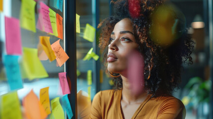A thoughtful woman standing in an office with sticky notes on a window, showcasing a creative and organized work environment.