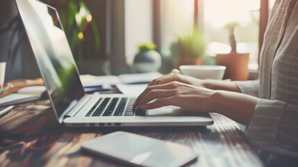 A woman working on her laptop in a bright, sunny office environment.