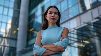 Fototapeta premium A stylish young woman in a blue dress standing confidently with modern buildings in the background.