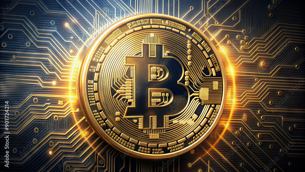 Aufkleber a golden bitcoin emblem is shown against a backdrop of intricate circuit patterns, symbolizing the i