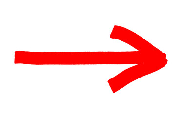 Red arrow brush stroke icon isolated. The arrow sign is drawn by hand with a marker. PNG with transparent background. Flat lay. Clipping path