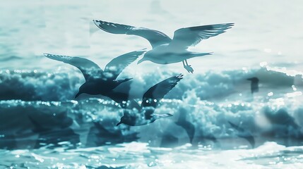 Fototapeta premium A seagull soars over a blue ocean with waves and clouds in the sky