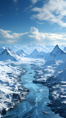 A winding river cuts through a snowy mountain range, with a clear blue sky and a few scattered clouds overhead.