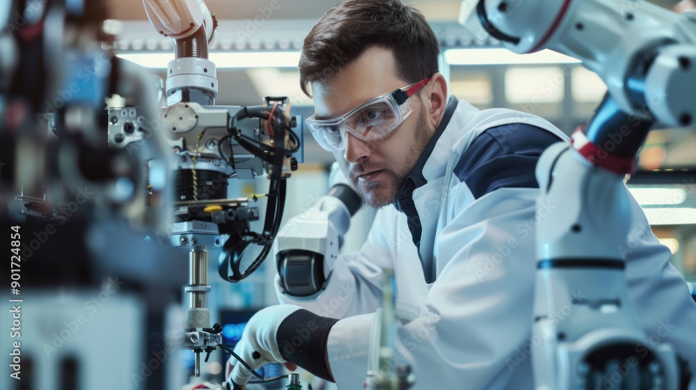 Poster Futuristic Robotics Engineer Assembling a High-Tech Robot Prototype in Modern Laboratory