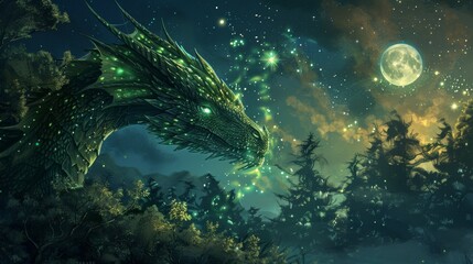 Obraz premium Giant green dragon in an enchanted forest with glowing lights under a full moon and starry night sky