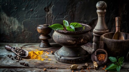 Fototapeta premium Rustic wooden bowls with spices and herbs