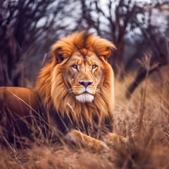 Fototapeta premium Löwe (Panthera leo) mit prächtiger Mähne in freier Natur, Generative AI