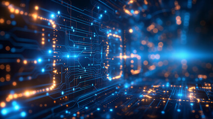 Obraz premium A close up of a computer chip with many gears and a few of them are orange