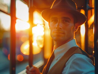 Medium shot of Bus driver man, themed background, bright tonality, in the style of fashion photography.