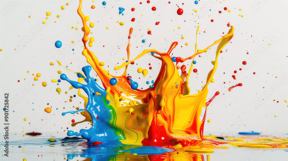 Poster dynamic vibrant paint splash bursting on white studio background