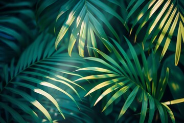 Obraz premium Lush green palm leaves with sunlight filtering through.