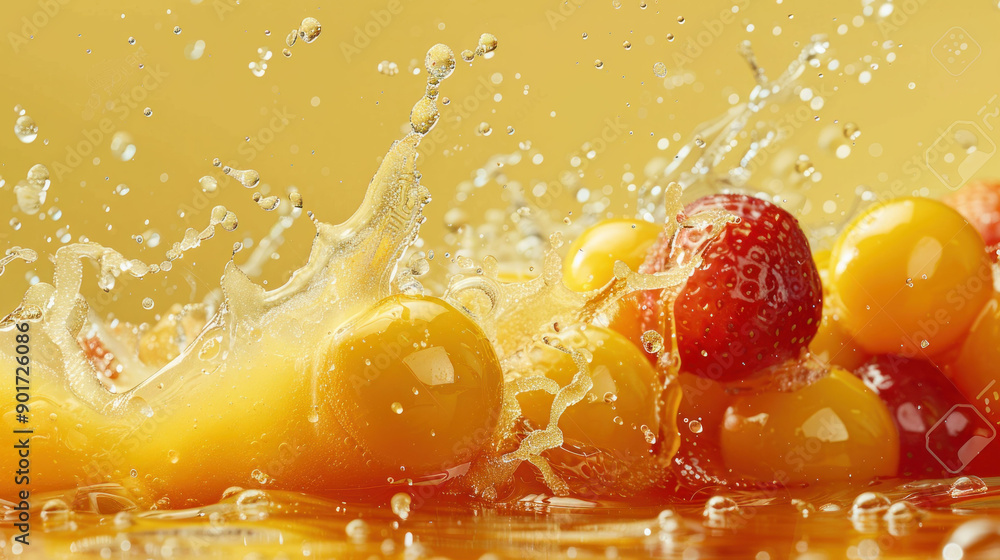 Poster refreshing fruit juice splash with suspended droplets on studio background