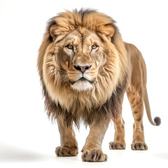 Obraz premium Löwe (Panthera leo) mit prächtiger Mähne, freigestellt vor weißem Hintergrund, Generative AI