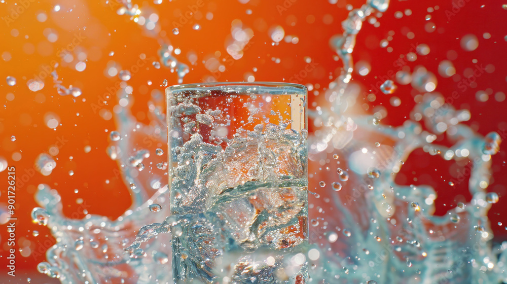 Poster Refreshing Sparkling Water Splash with Bubbles on Studio Background