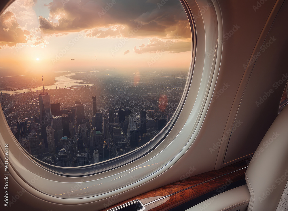 Poster private jet, window center aligned, can see an aerial view of the city from it. generative ai.