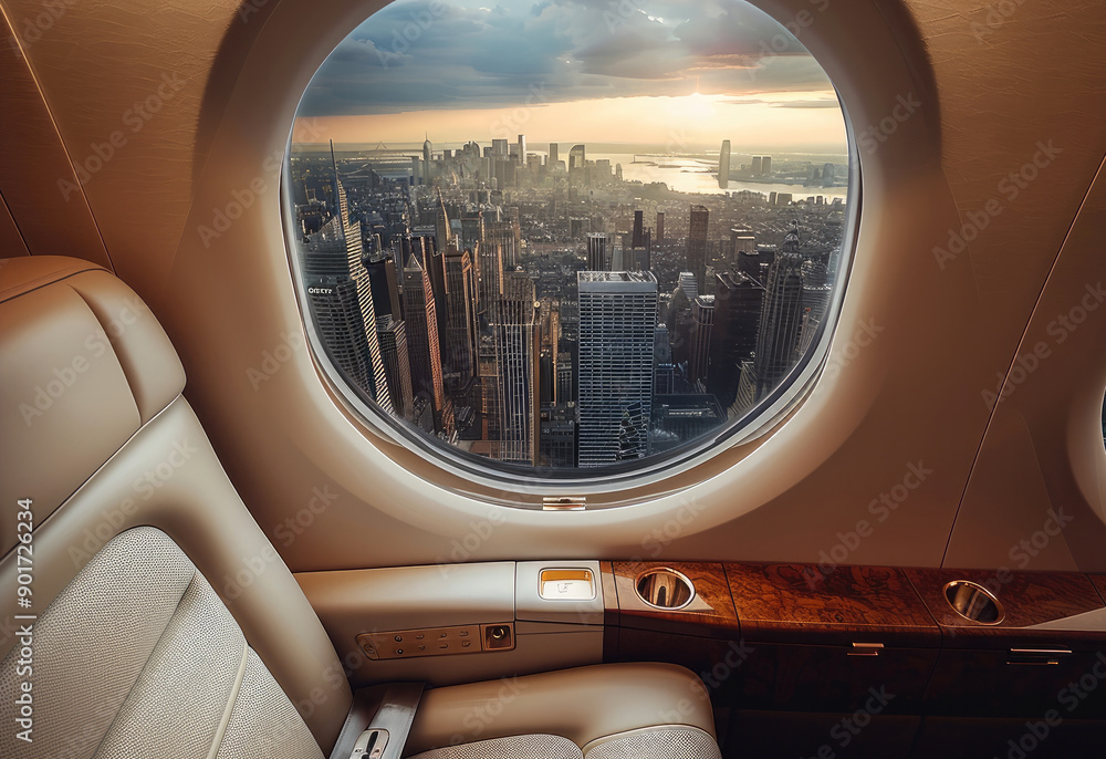 Poster private jet, window center aligned, can see an aerial view of the city from it. generative ai.