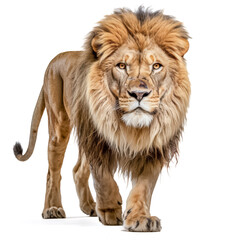 Obraz premium Löwe (Panthera leo) mit prächtiger Mähne, freigestellt vor weißem Hintergrund, Generative AI