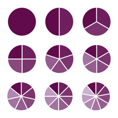 Obraz premium Circles divided diagram 3, 10, 7, graph icon pie shape section chart. Segment circle round vector 6, 9 devise infographic.