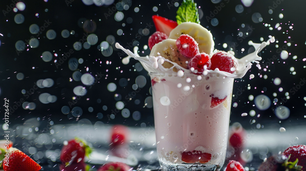 Poster refreshing milkshake splash with vibrant fruit pieces on studio background