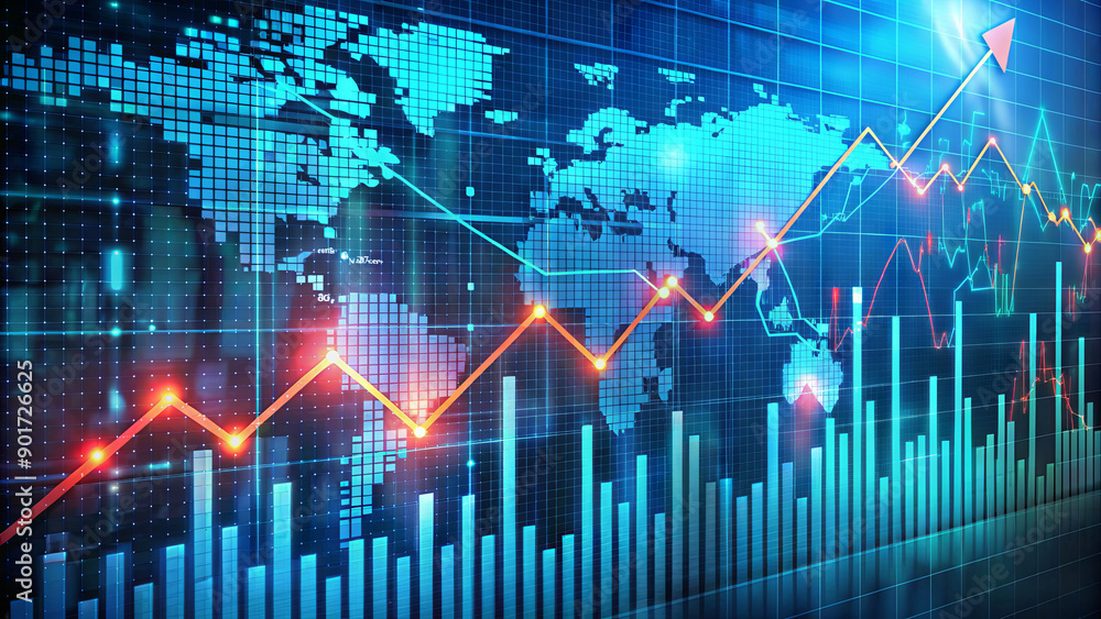 Poster a digital representation of stock market data features a global map and dynamic rising trend lines i