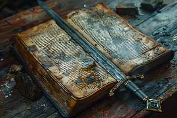 Obraz premium a medieval sword lying across a weathered, open book, surrounded by a forest setting with fallen leaves.