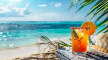 a cocktail at the beach with the ocean in the background, 