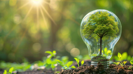 Sustainable Energy Concept: Tree Growing Inside Glass Bulb Symbolizing Eco-Friendly Power Generation