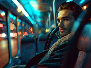 Medium shot of Bus driver man, themed background, bright tonality, in the style of fashion photography.