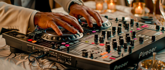 Obraz premium Vibrant Nightlife A DJ's Hands Skillfully Mixing Tracks on a High-Tech Soundboard with Colorful City Lights in the Background Capturing the Energy and Pulse of a Nightclub Scene