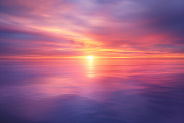 Obraz premium Bright sunset or sunrise over the sea. Minimalist surreal landscape concept background poster. Boho style horizontal banner. Digital illustration, photo style. AI artwork. 