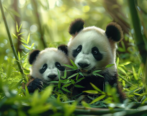 Two adorable Chinese giant pandas, one big and one small, sit in a green bamboo forest and eat bamboo. Generative AI.