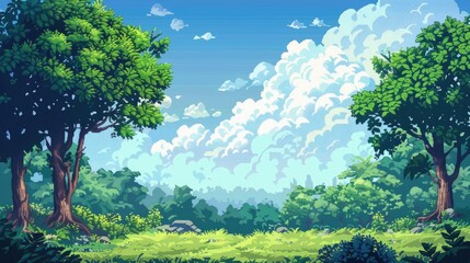 Obraz premium Tranquil pixel art landscape featuring lush greenery, towering trees, and a sky full of fluffy clouds, perfect for serene game scenes