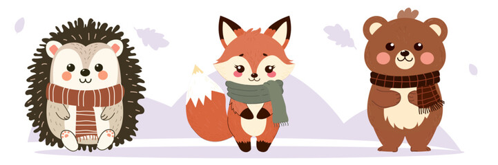 Set of cute hedgehog, fox and bear in scarf autumn. Animal characters, vector illustration. © Inessa Andriukhova