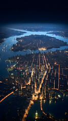Aerial view of a city at night, showing a network of roads and buildings illuminated by streetlights, with a body of water in the center.