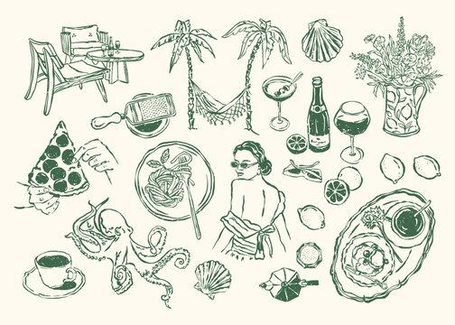 Minimalist Dolce Vita vector illustration collection. Art for greeting cards, wedding invitations, poster design, postcards, branding, logo design, background. Matisse style.	