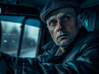 Medium shot of Bus driver man, themed background, bright tonality, in the style of fashion photography.