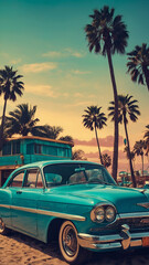 retrofuturistic poster of a summer vacations on the beach