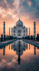 Naklejka premium Majestic Taj Mahal at Sunset Reflecting in the Peaceful Waters of India