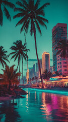 Obraz premium retrofuturistic poster of a summer vacations on the beach
