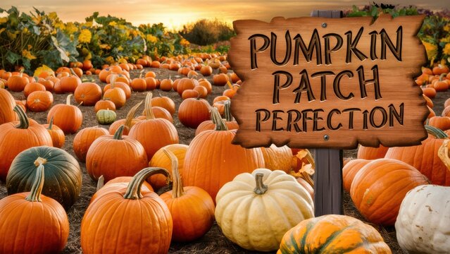 A large group of pumpkins with a sign that says pumpkin patch perfection, AI