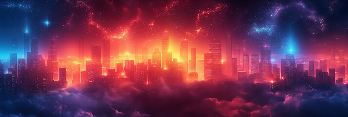 Fototapeta premium A cityscape with a bright orange sky and a blue sky with a few clouds