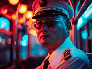 Medium shot of Bus driver man, themed background, bright tonality, in the style of fashion photography.