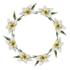 Round wreath frame of white Lilly flowers watercolor illustration. For wedding, birthday, flower shop