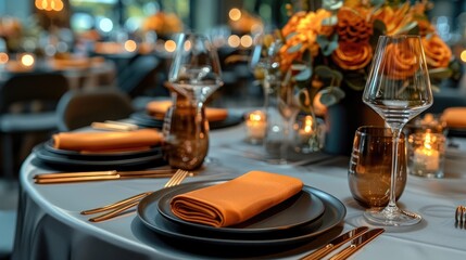 Round tables at a gala dinner. Black plates and orange metal cutlery. High end style. Table decor. Generative AI.