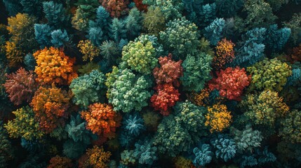 Vibrant Fall Foliage in a Diverse Forest Taken From Above on a Clear Day. Generative AI